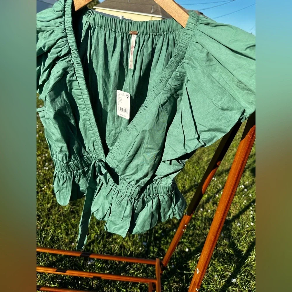 Free People‎ Mermaid Green Crop Bubble Boho Top Feminine NWT whimsical ethereal